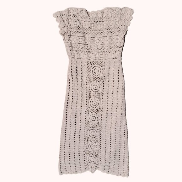 -ˋˏ☆˚🦔⋆｡ Bloomingdale's 70s inspired tan crochet midi column dress 𖦹°🐌‧☆ˎˊ- - Picture 4 of 8